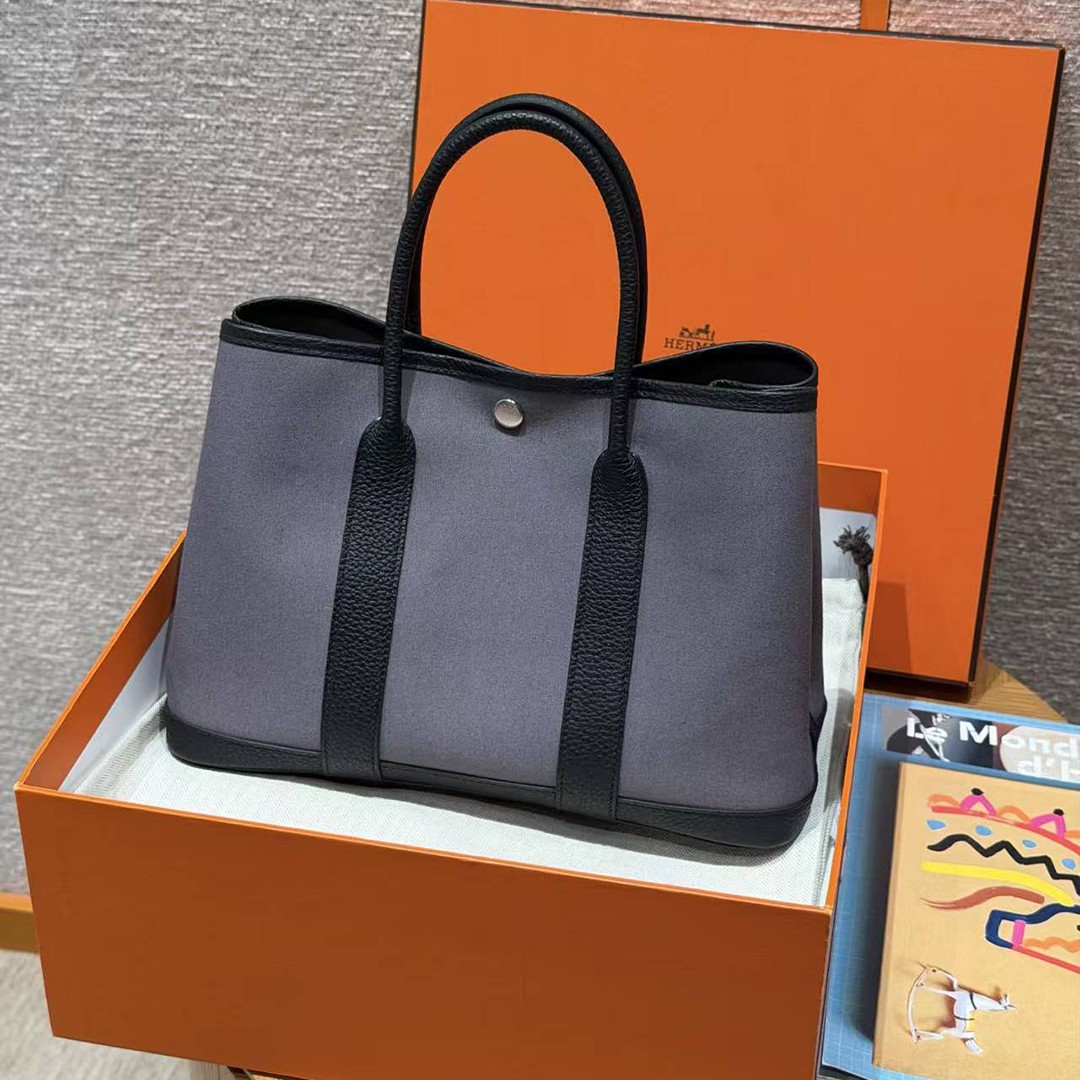 Hermes Garden Party 30 Bag Handmade In Negonda Calfskin Leather And Canvas Silver Hardware Ardoise Nior - Image 6