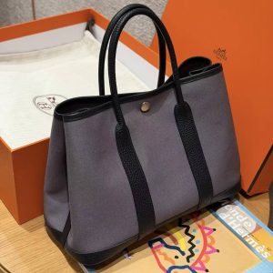 Hermes Garden Party 30 Bag Handmade In Negonda Calfskin Leather And Canvas Silver Hardware Ardoise Nior - Image 5