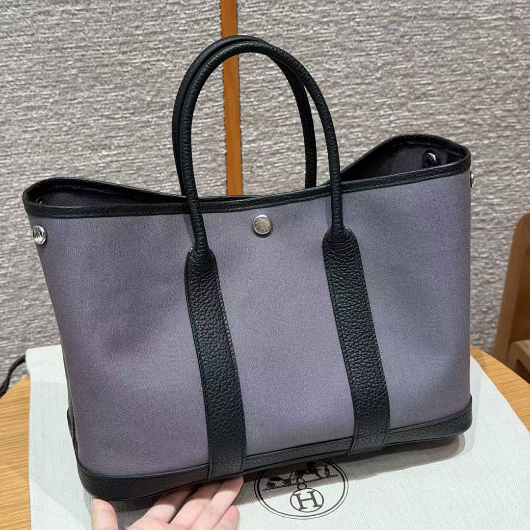 Hermes Garden Party 30 Bag Handmade In Negonda Calfskin Leather And Canvas Silver Hardware Ardoise Nior - Image 4