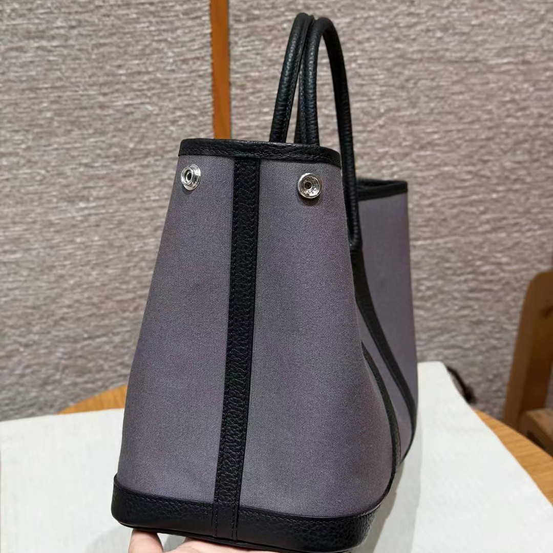 Hermes Garden Party 30 Bag Handmade In Negonda Calfskin Leather And Canvas Silver Hardware Ardoise Nior - Image 3