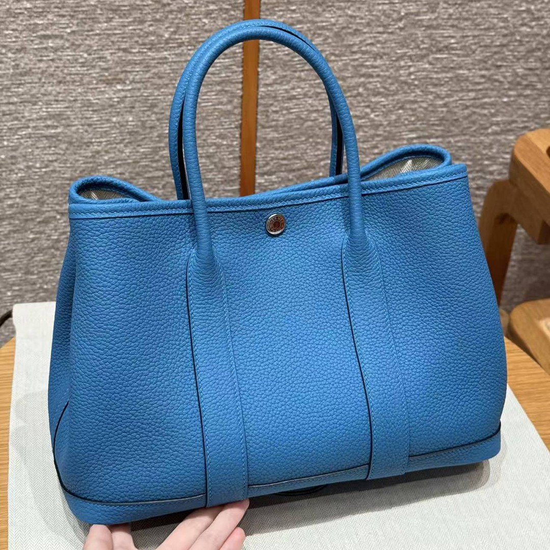 Hermes Garden Party 30 Bag Handmade In Negonda Calfskin Leather Silver Hardware B3 Blue Zanzibar