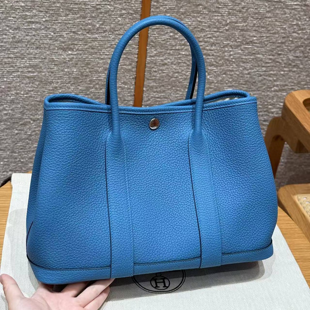 Hermes Garden Party 30 Bag Handmade In Negonda Calfskin Leather Silver Hardware B3 Blue Zanzibar - Image 2