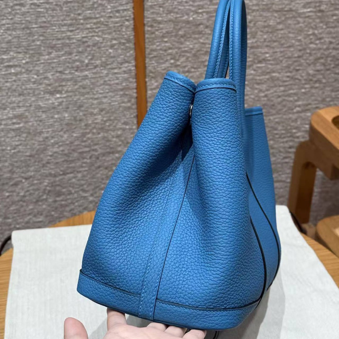Hermes Garden Party 30 Bag Handmade In Negonda Calfskin Leather Silver Hardware B3 Blue Zanzibar - Image 15