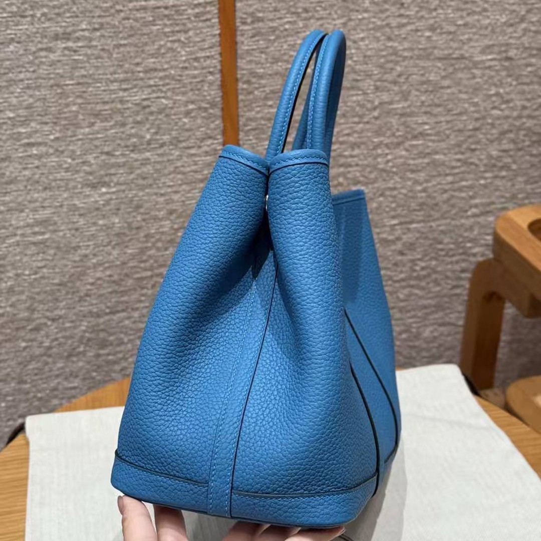 Hermes Garden Party 30 Bag Handmade In Negonda Calfskin Leather Silver Hardware B3 Blue Zanzibar - Image 14