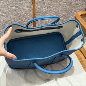 Hermes Garden Party 30 Bag Handmade In Negonda Calfskin Leather Silver Hardware B3 Blue Zanzibar - Image 12