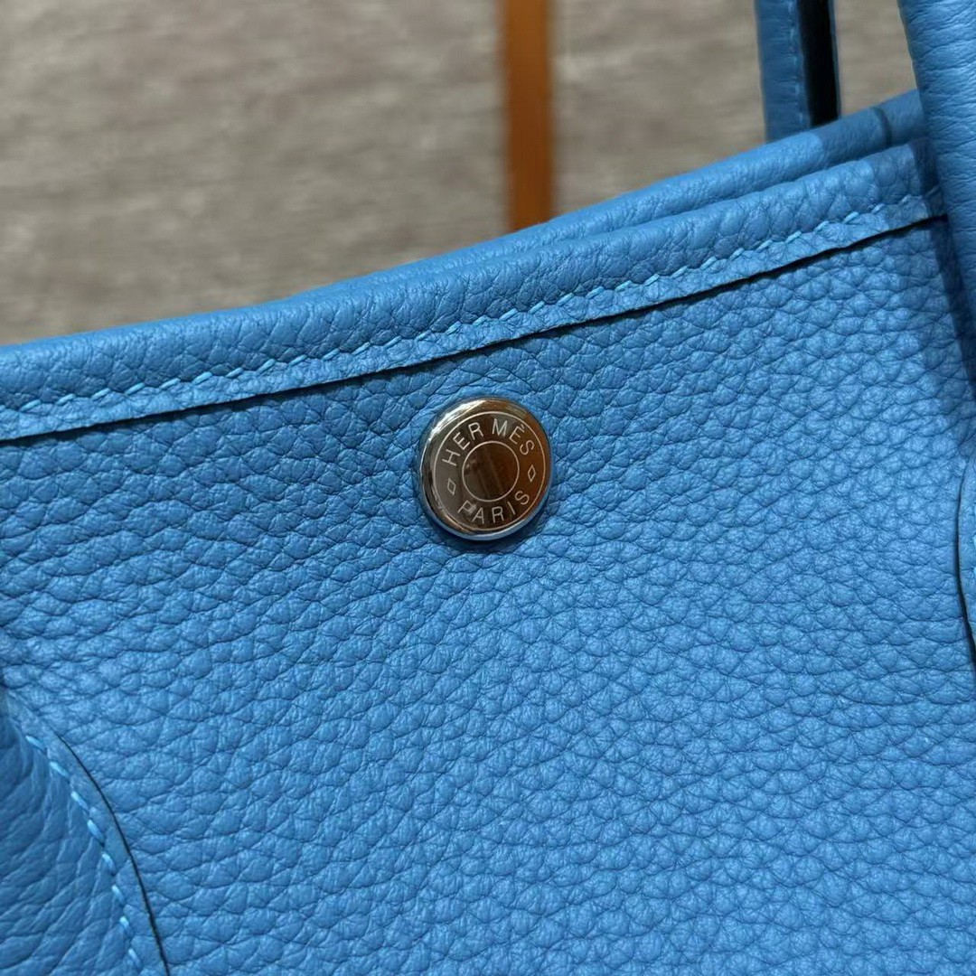 Hermes Garden Party 30 Bag Handmade In Negonda Calfskin Leather Silver Hardware B3 Blue Zanzibar - Image 9