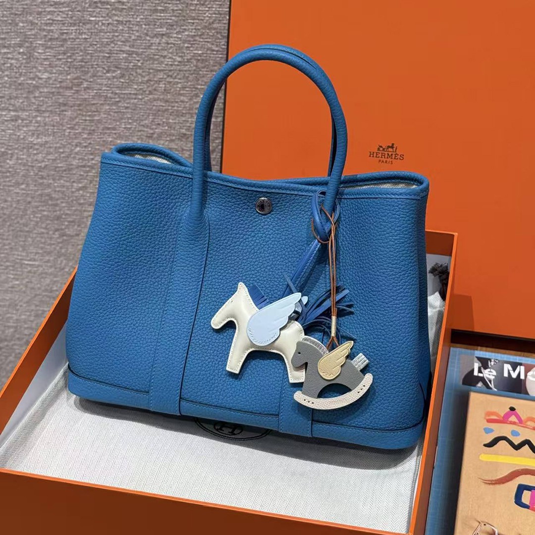 Hermes Garden Party 30 Bag Handmade In Negonda Calfskin Leather Silver Hardware B3 Blue Zanzibar - Image 8