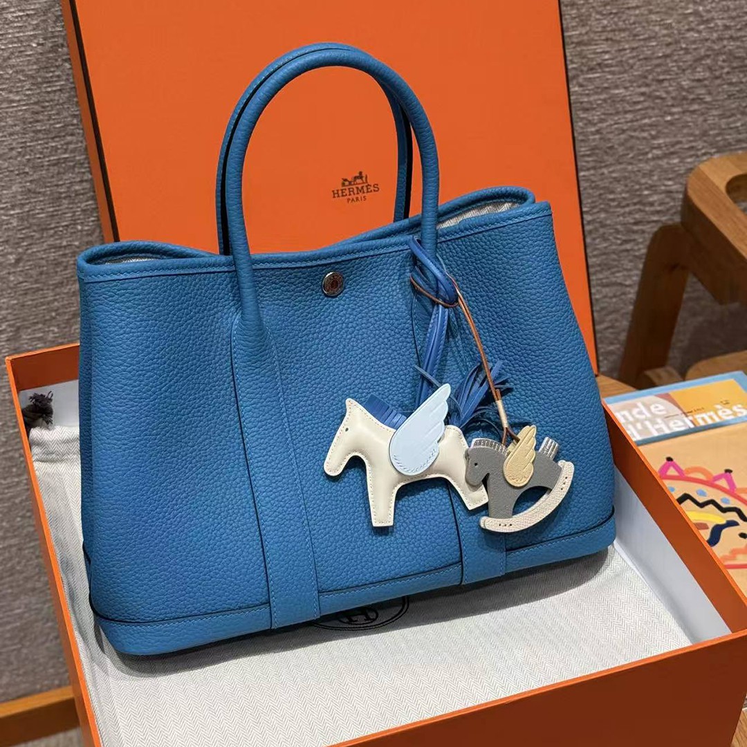 Hermes Garden Party 30 Bag Handmade In Negonda Calfskin Leather Silver Hardware B3 Blue Zanzibar - Image 7