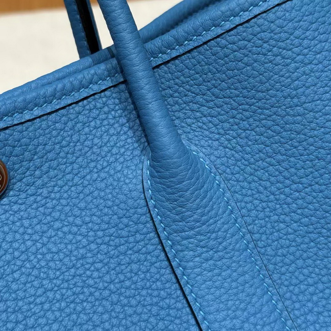 Hermes Garden Party 30 Bag Handmade In Negonda Calfskin Leather Silver Hardware B3 Blue Zanzibar - Image 5