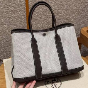 Hermes Garden Party 30 Bag Handmade In Negonda Calfskin Leather And Canvas Silver Hardware Ecru Ebene - Image 2