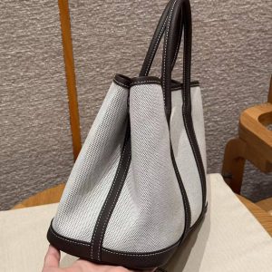 Hermes Garden Party 30 Bag Handmade In Negonda Calfskin Leather And Canvas Silver Hardware Ecru Ebene - Image 15