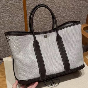 Hermes Garden Party 30 Bag Handmade In Negonda Calfskin Leather And Canvas Silver Hardware Ecru Ebene - Image 9