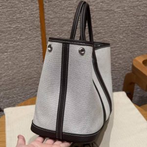 Hermes Garden Party 30 Bag Handmade In Negonda Calfskin Leather And Canvas Silver Hardware Ecru Ebene - Image 7
