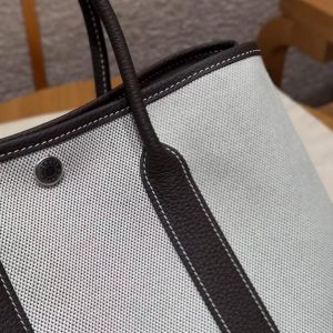 Hermes Garden Party 30 Bag Handmade In Negonda Calfskin Leather And Canvas Silver Hardware Ecru Ebene - Image 6