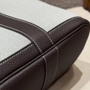 Hermes Garden Party 30 Bag Handmade In Negonda Calfskin Leather And Canvas Silver Hardware Ecru Ebene - Image 5