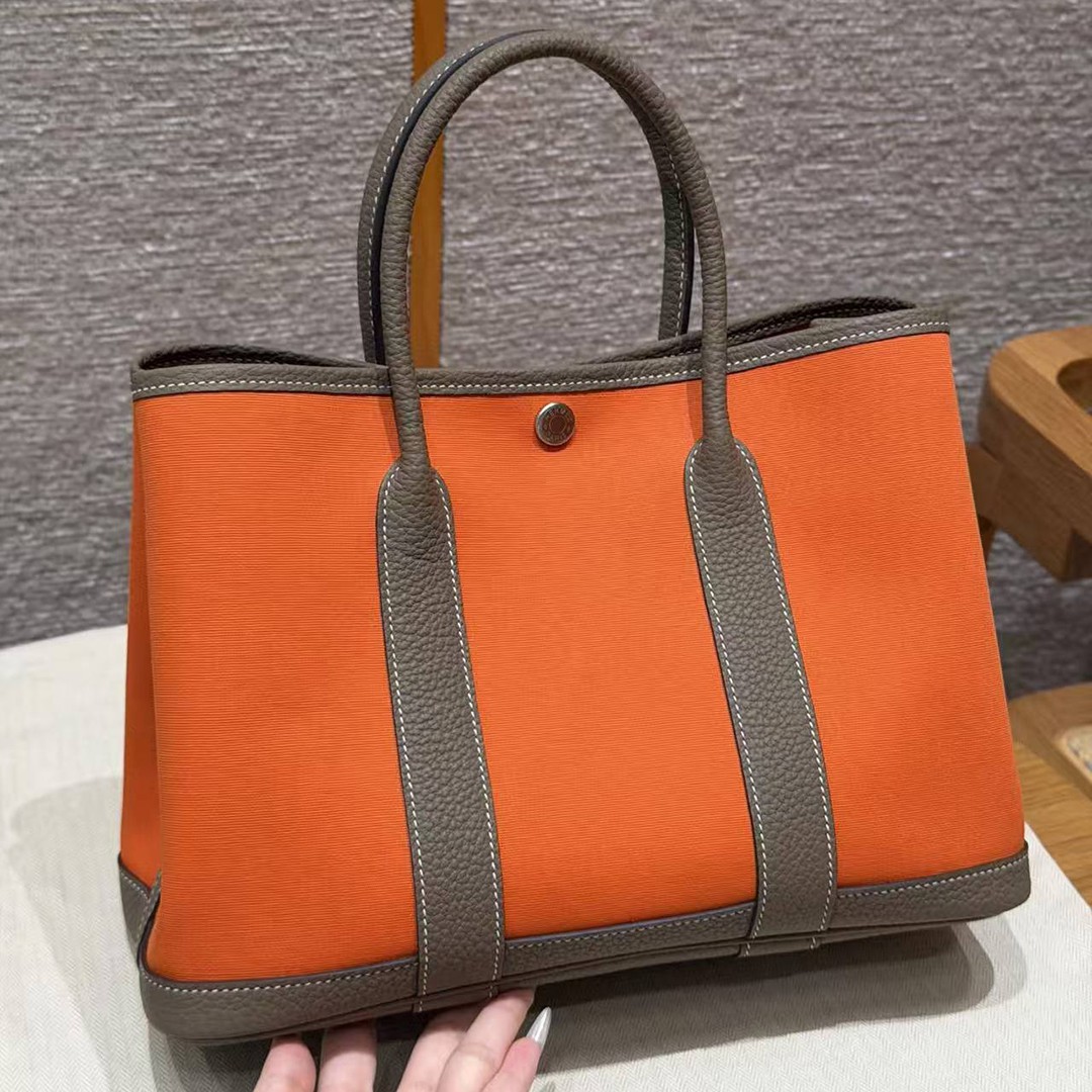 Hermes Garden Party 30 Bag Handmade In Negonda Calfskin Leather And Canvas Silver Hardware Feu Etoupe