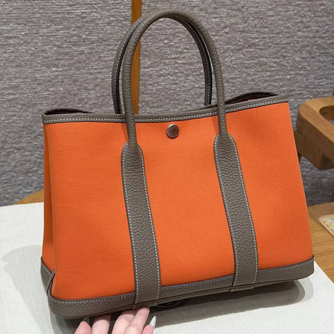 Hermes Garden Party 30 Bag Handmade In Negonda Calfskin Leather And Canvas Silver Hardware Feu Etoupe - Image 2