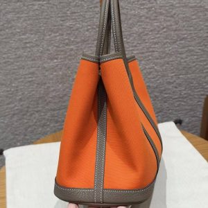 Hermes Garden Party 30 Bag Handmade In Negonda Calfskin Leather And Canvas Silver Hardware Feu Etoupe - Image 20