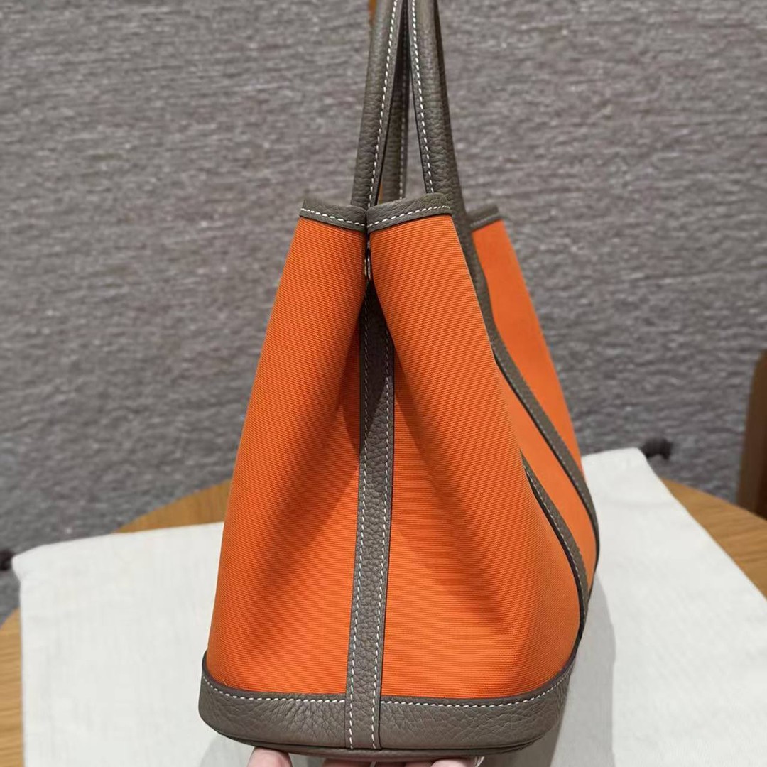 Hermes Garden Party 30 Bag Handmade In Negonda Calfskin Leather And Canvas Silver Hardware Feu Etoupe - Image 20