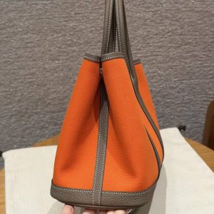 Hermes Garden Party 30 Bag Handmade In Negonda Calfskin Leather And Canvas Silver Hardware Feu Etoupe - Image 19