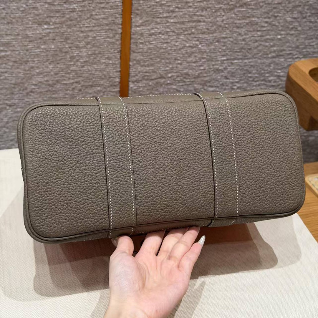 Hermes Garden Party 30 Bag Handmade In Negonda Calfskin Leather And Canvas Silver Hardware Feu Etoupe - Image 18