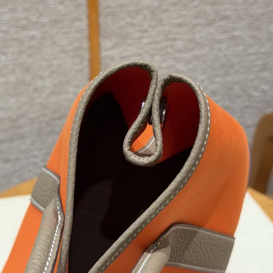 Hermes Garden Party 30 Bag Handmade In Negonda Calfskin Leather And Canvas Silver Hardware Feu Etoupe - Image 16