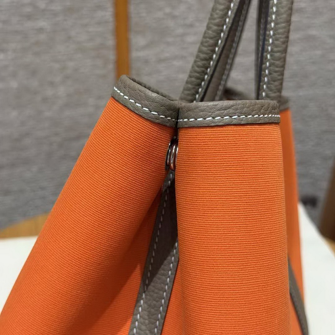 Hermes Garden Party 30 Bag Handmade In Negonda Calfskin Leather And Canvas Silver Hardware Feu Etoupe - Image 15