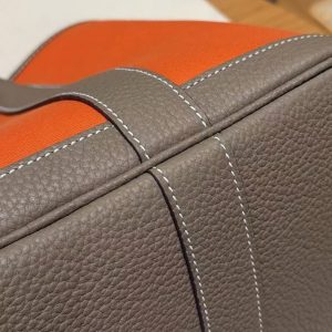 Hermes Garden Party 30 Bag Handmade In Negonda Calfskin Leather And Canvas Silver Hardware Feu Etoupe - Image 14