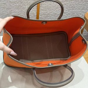 Hermes Garden Party 30 Bag Handmade In Negonda Calfskin Leather And Canvas Silver Hardware Feu Etoupe - Image 11