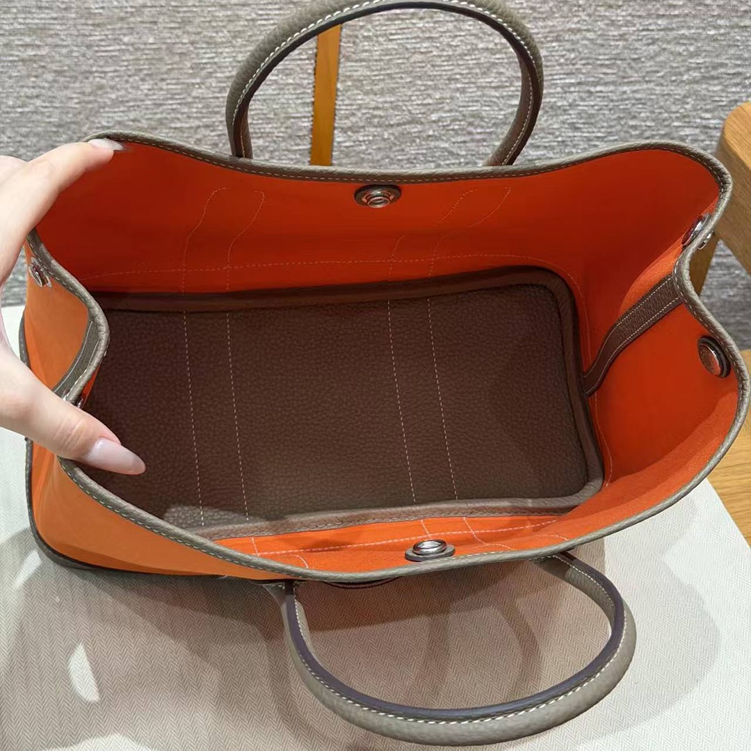 Hermes Garden Party 30 Bag Handmade In Negonda Calfskin Leather And Canvas Silver Hardware Feu Etoupe - Image 11