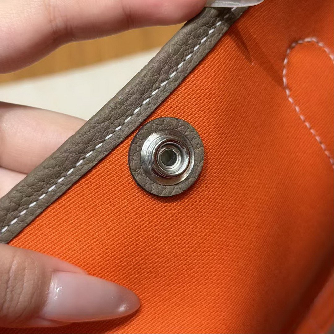 Hermes Garden Party 30 Bag Handmade In Negonda Calfskin Leather And Canvas Silver Hardware Feu Etoupe - Image 10