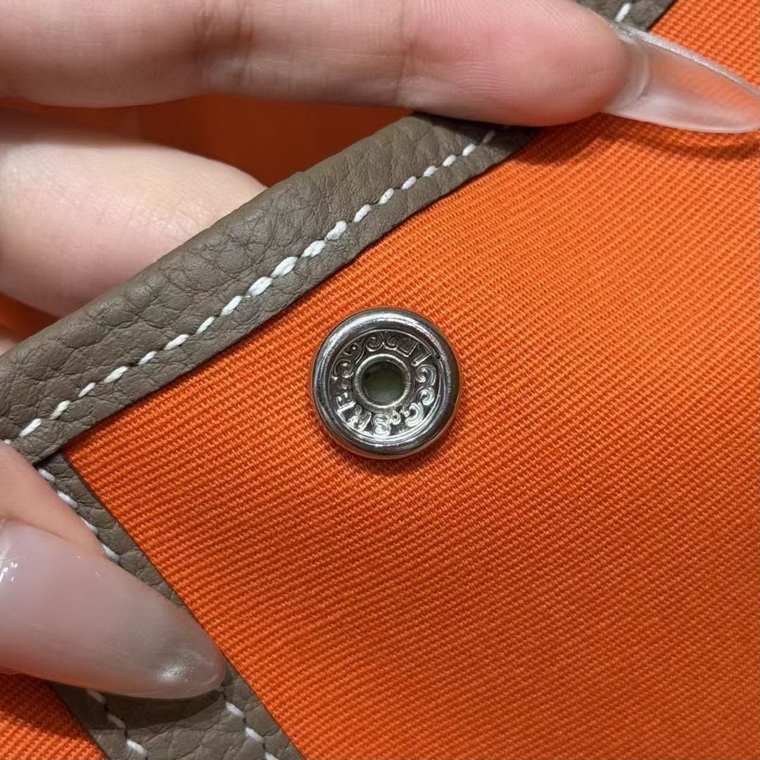 Hermes Garden Party 30 Bag Handmade In Negonda Calfskin Leather And Canvas Silver Hardware Feu Etoupe - Image 9