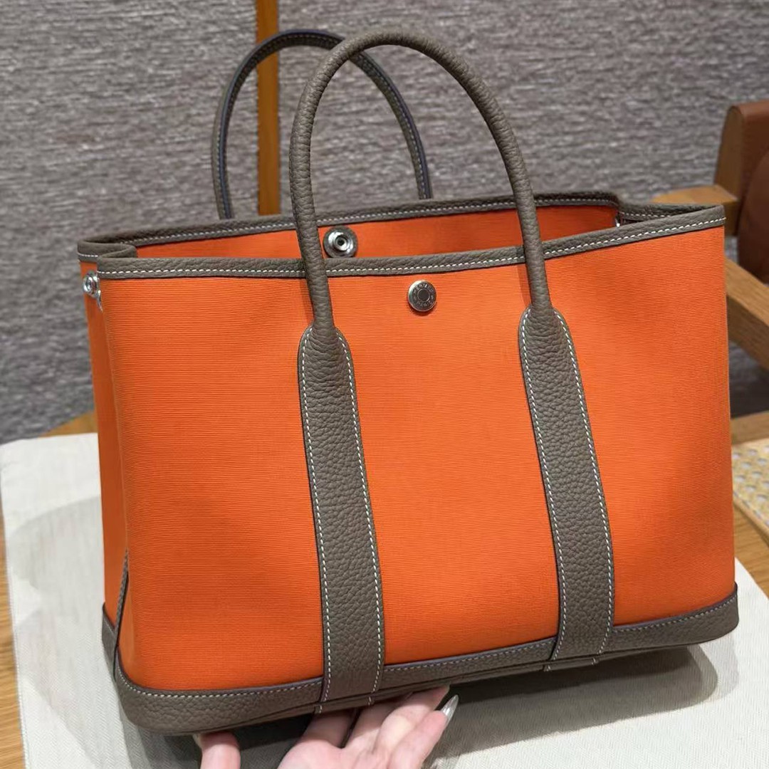 Hermes Garden Party 30 Bag Handmade In Negonda Calfskin Leather And Canvas Silver Hardware Feu Etoupe - Image 8