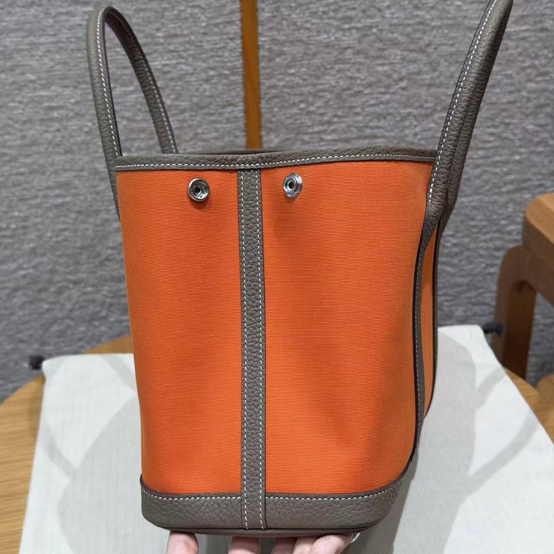 Hermes Garden Party 30 Bag Handmade In Negonda Calfskin Leather And Canvas Silver Hardware Feu Etoupe - Image 7