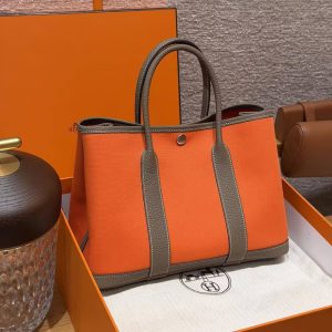 Hermes Garden Party 30 Bag Handmade In Negonda Calfskin Leather And Canvas Silver Hardware Feu Etoupe - Image 3