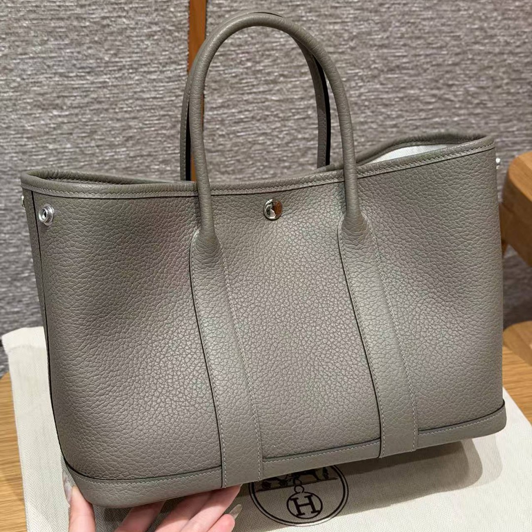 Hermes Garden Party 30 Bag Handmade In Vache Country Calfskin Leather Silver Hardware M8 Girs Asphalted - Image 14