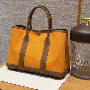 Hermes Garden Party 30 Bag Handmade In Negonda Calfskin Leather And Canvas Silver Hardware Orange Gold - Image 2
