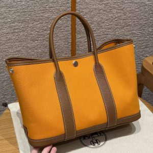 Hermes Garden Party 30 Bag Handmade In Negonda Calfskin Leather And Canvas Silver Hardware Orange Gold - Image 16