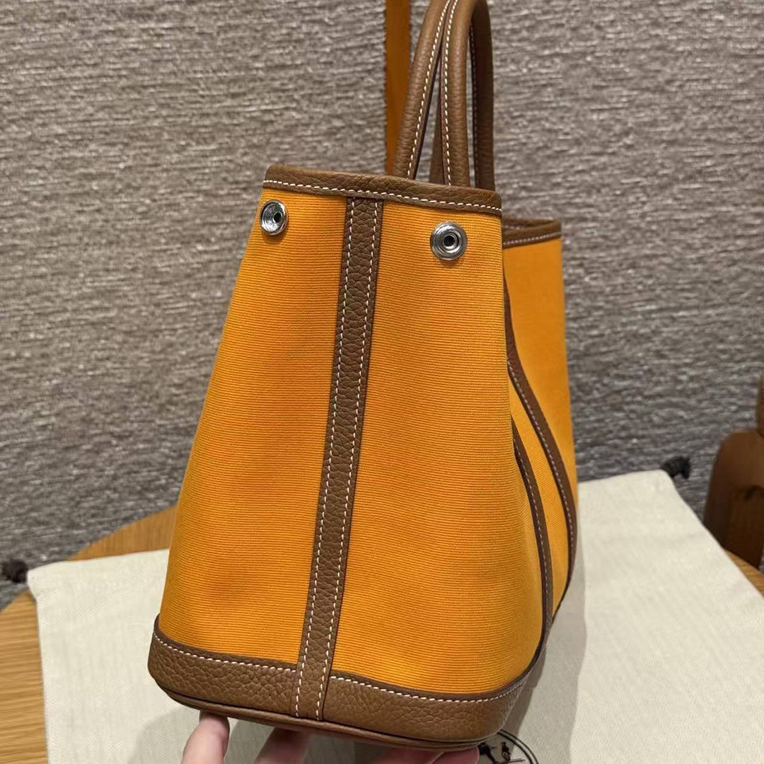 Hermes Garden Party 30 Bag Handmade In Negonda Calfskin Leather And Canvas Silver Hardware Orange Gold - Image 15