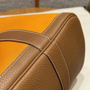 Hermes Garden Party 30 Bag Handmade In Negonda Calfskin Leather And Canvas Silver Hardware Orange Gold - Image 14