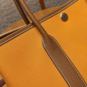 Hermes Garden Party 30 Bag Handmade In Negonda Calfskin Leather And Canvas Silver Hardware Orange Gold - Image 13
