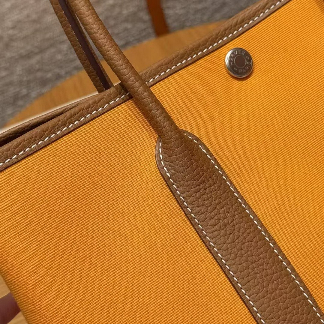 Hermes Garden Party 30 Bag Handmade In Negonda Calfskin Leather And Canvas Silver Hardware Orange Gold - Image 13
