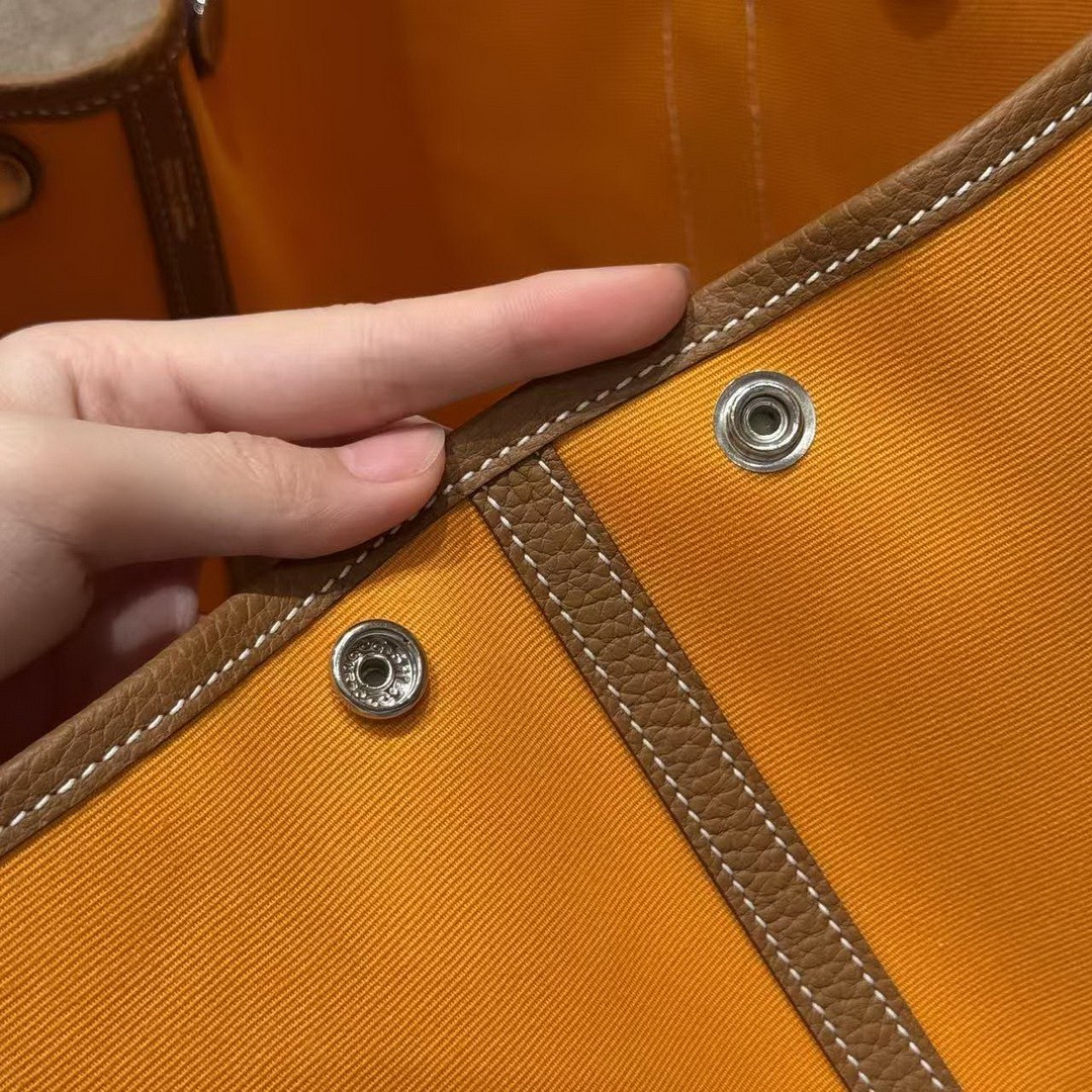 Hermes Garden Party 30 Bag Handmade In Negonda Calfskin Leather And Canvas Silver Hardware Orange Gold - Image 12
