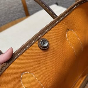 Hermes Garden Party 30 Bag Handmade In Negonda Calfskin Leather And Canvas Silver Hardware Orange Gold - Image 11