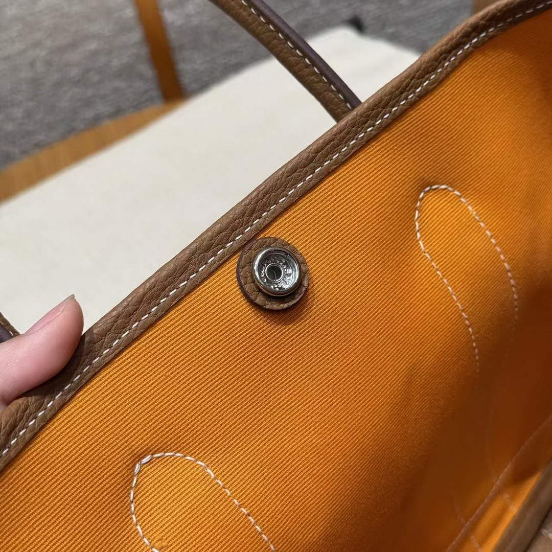 Hermes Garden Party 30 Bag Handmade In Negonda Calfskin Leather And Canvas Silver Hardware Orange Gold - Image 11