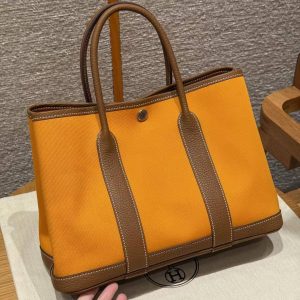 Hermes Garden Party 30 Bag Handmade In Negonda Calfskin Leather And Canvas Silver Hardware Orange Gold