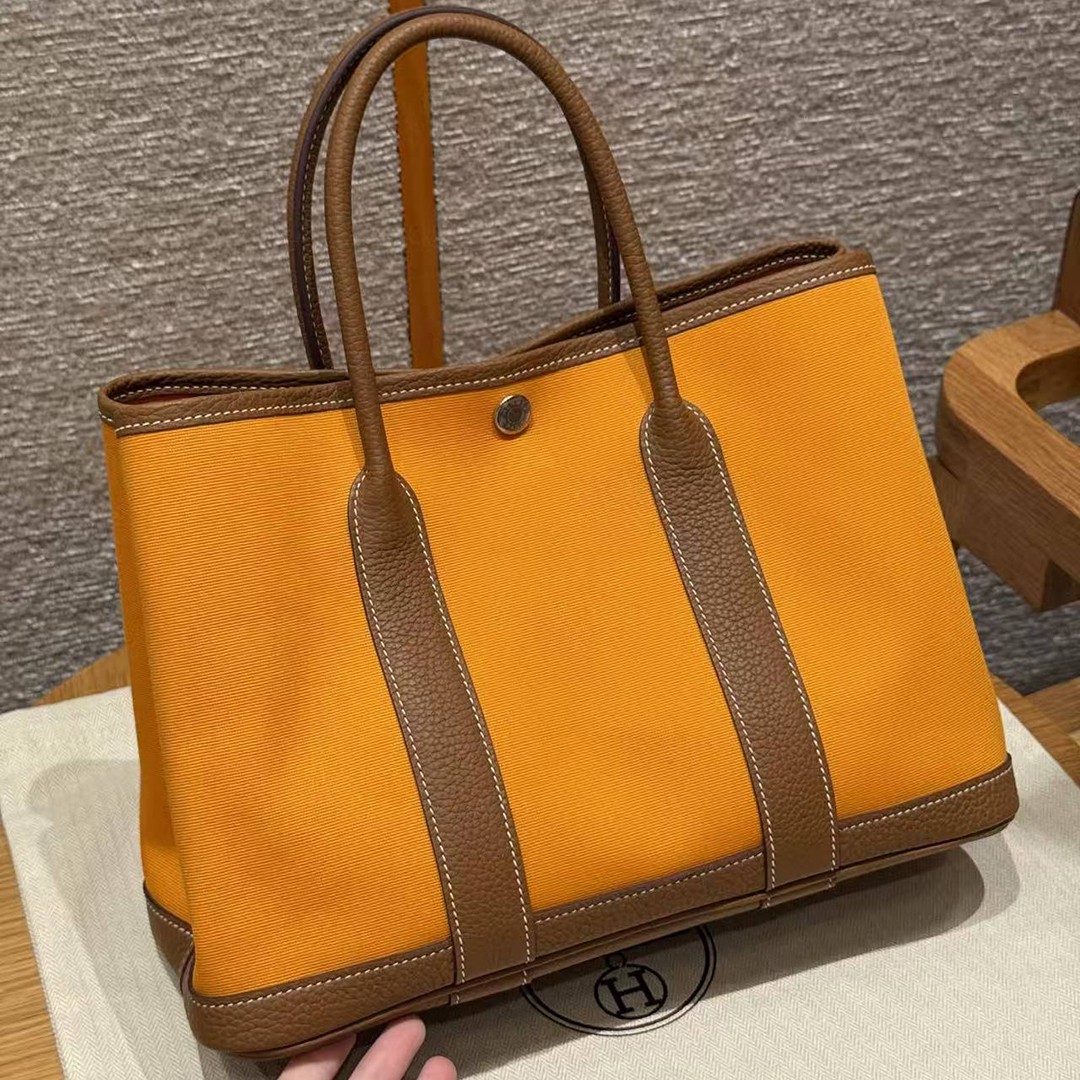 Hermes Garden Party 30 Bag Handmade In Negonda Calfskin Leather And Canvas Silver Hardware Orange Gold