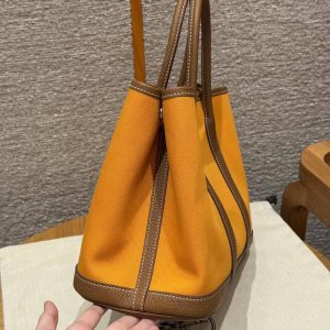 Hermes Garden Party 30 Bag Handmade In Negonda Calfskin Leather And Canvas Silver Hardware Orange Gold - Image 9