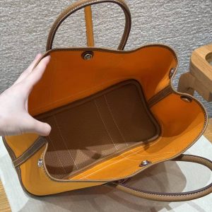Hermes Garden Party 30 Bag Handmade In Negonda Calfskin Leather And Canvas Silver Hardware Orange Gold - Image 6