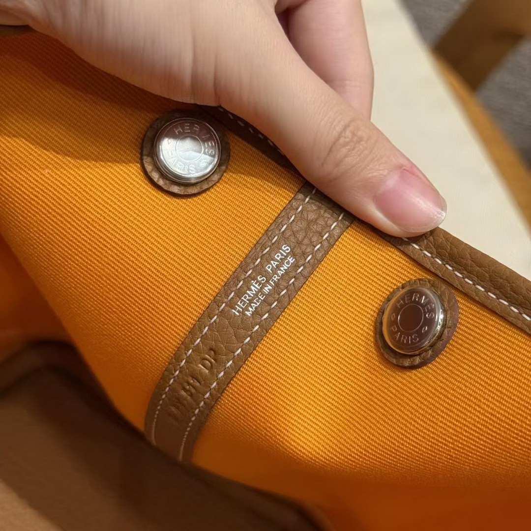 Hermes Garden Party 30 Bag Handmade In Negonda Calfskin Leather And Canvas Silver Hardware Orange Gold - Image 5